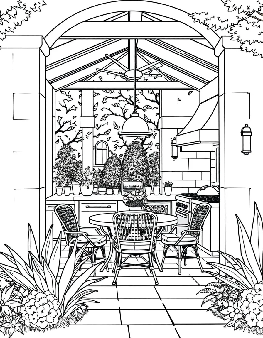 A detailed outdoor summer kitchen and dining area