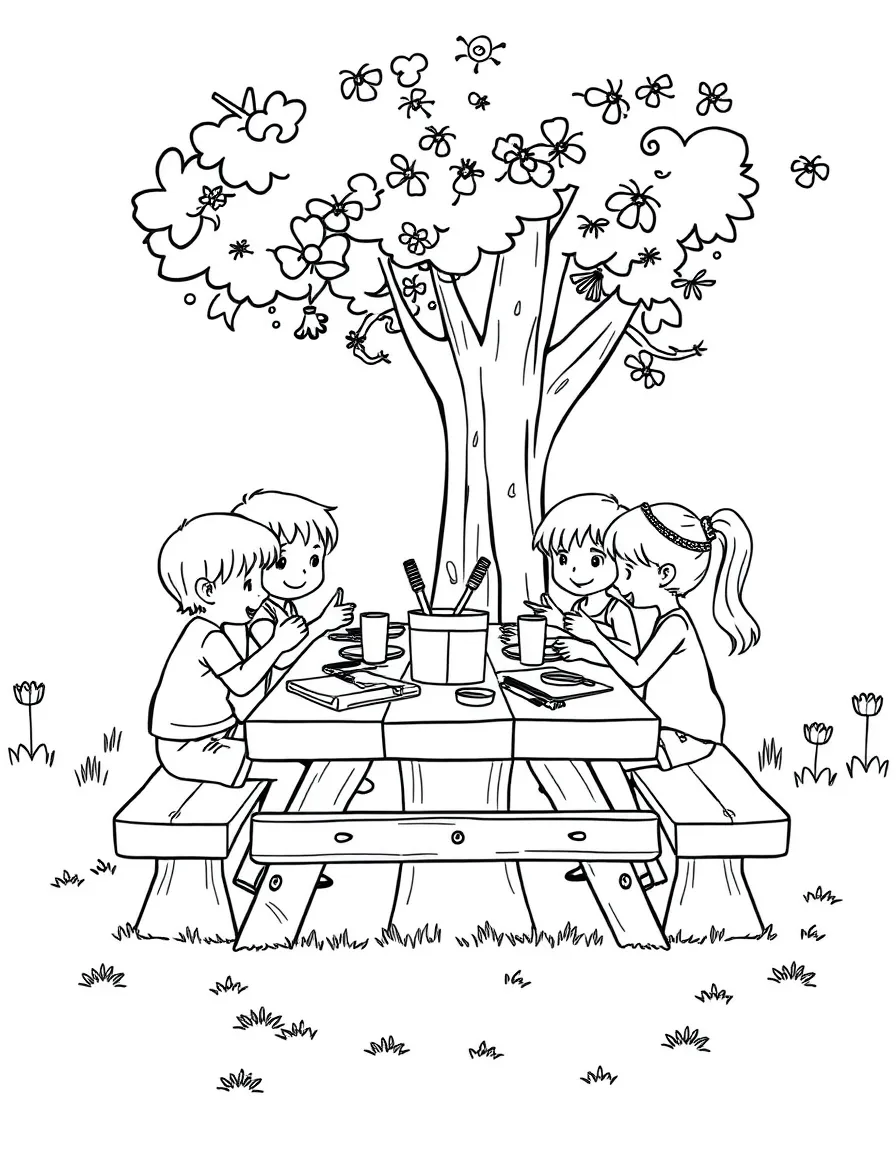 Children making summer crafts at a picnic table