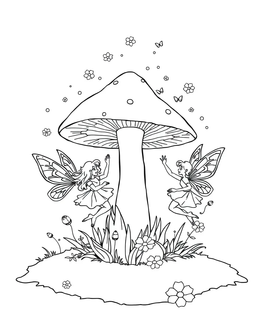Summer fairies dancing around a mushroom ring