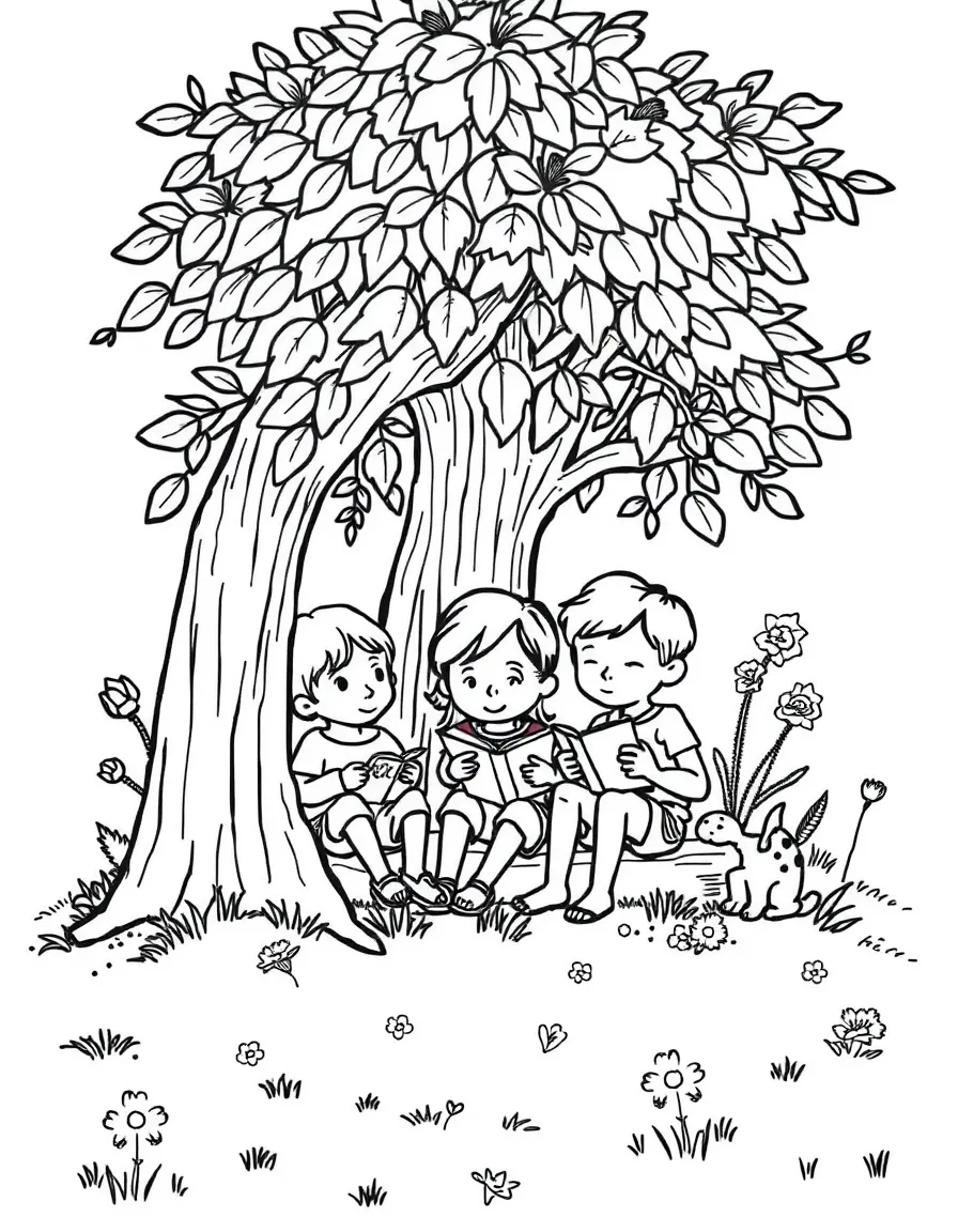 Children in a summer reading nook under a tree