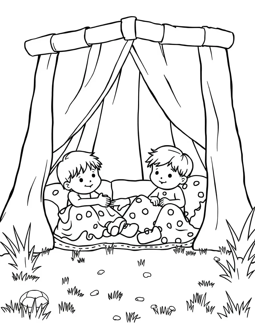 Children building a summer hideout with blankets