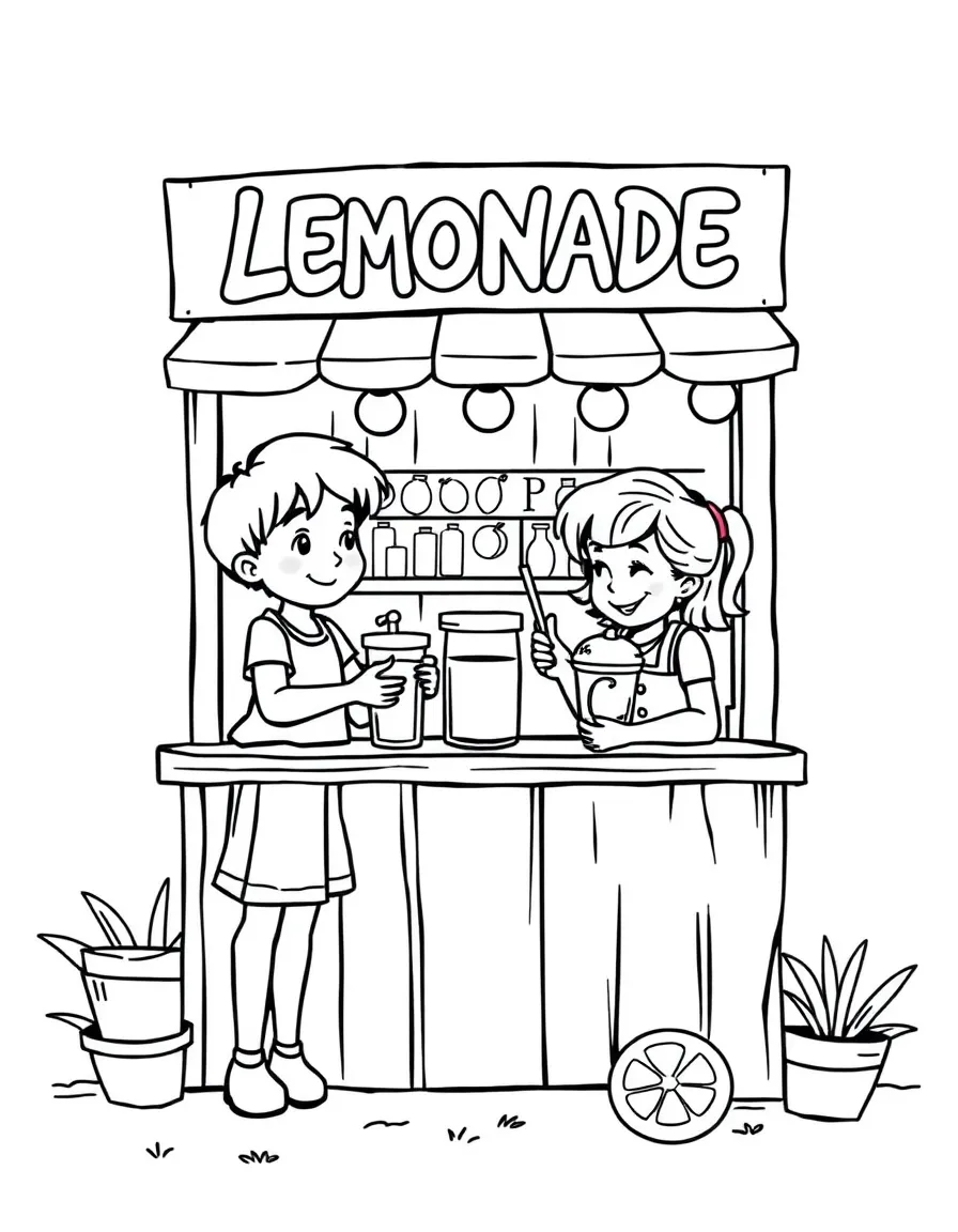 Children operating a detailed summer lemonade stand