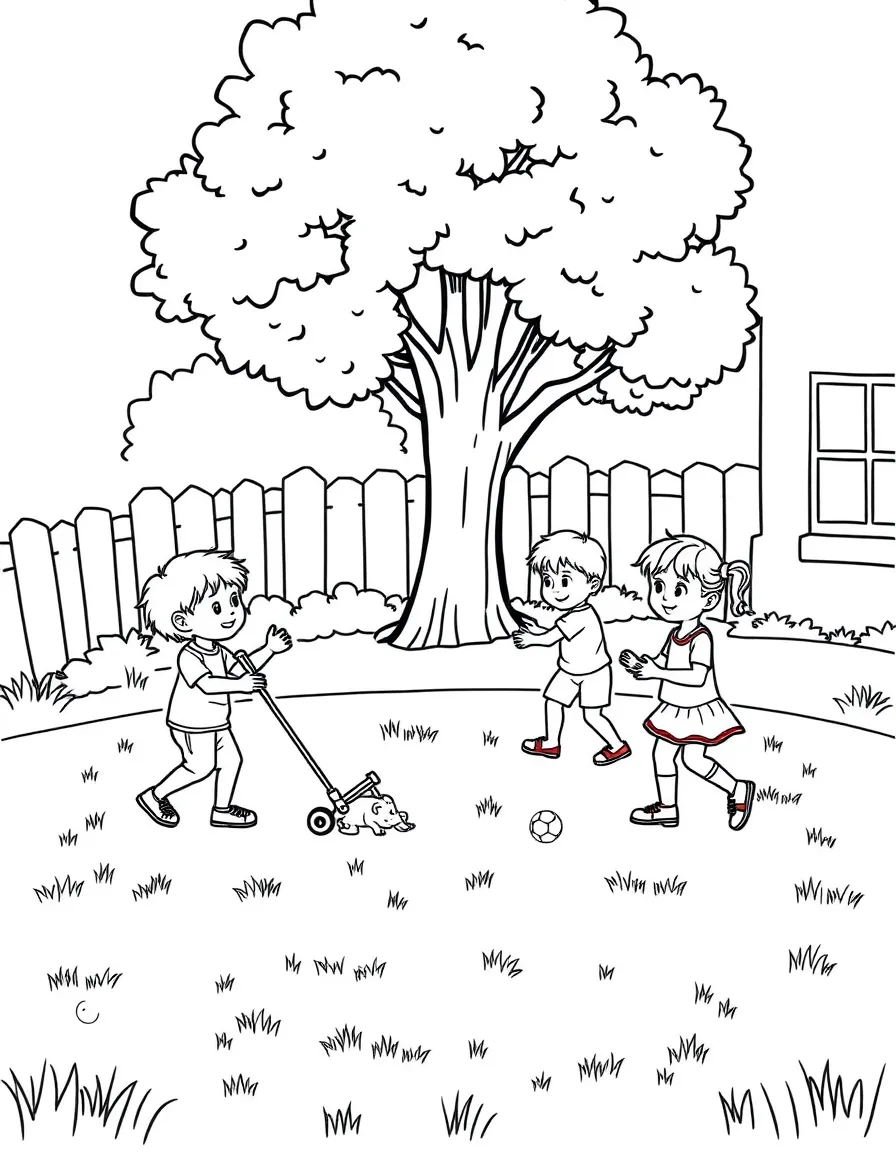Children playing summer lawn games with equipment