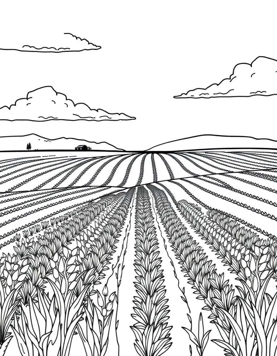 A detailed summer farmers' field with crop patterns
