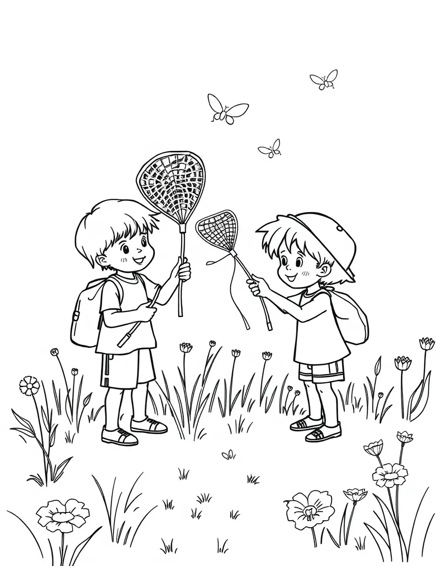 Children catching summer insects with nets