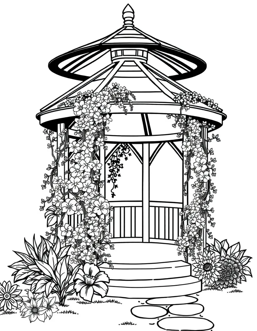 A summer garden gazebo with flowering vines