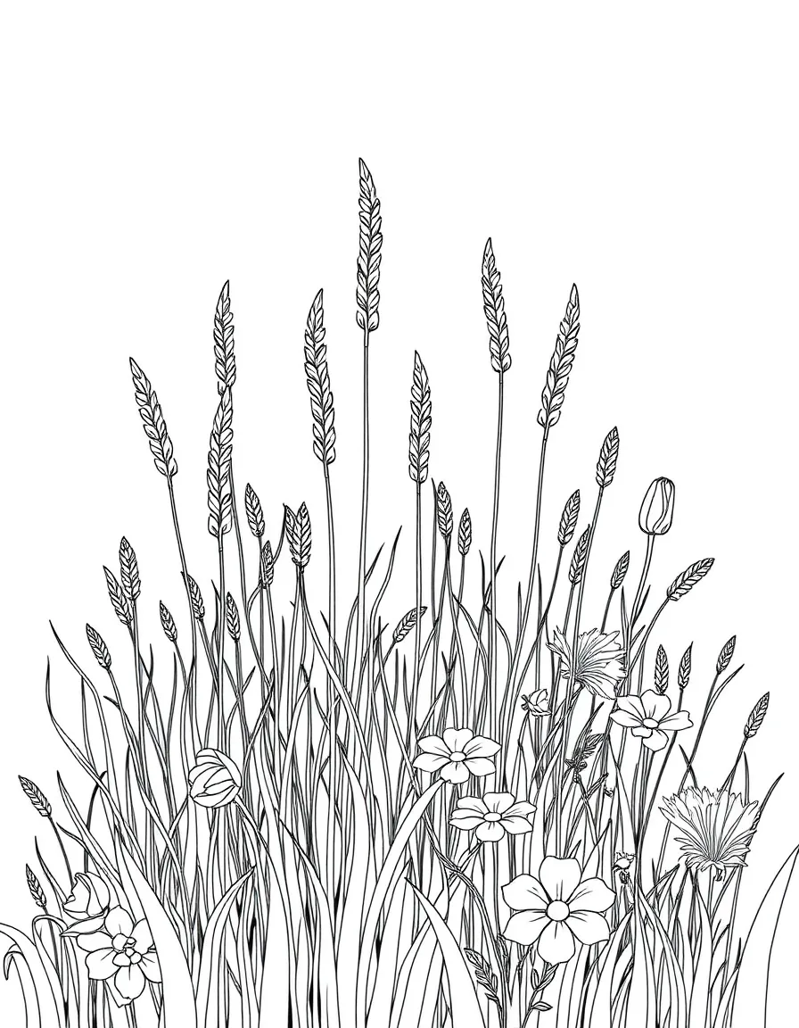 A detailed field of summer grasses and flowers