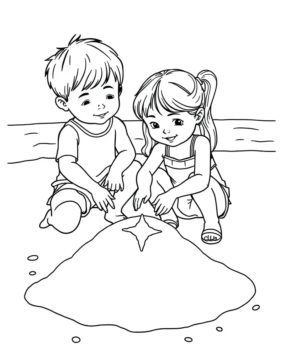 Children creating summer sand art on a beach