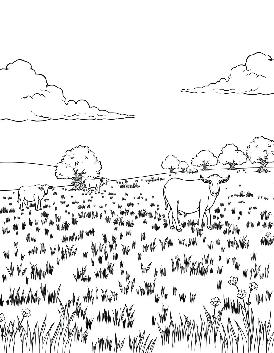 A detailed summer field with grazing animals