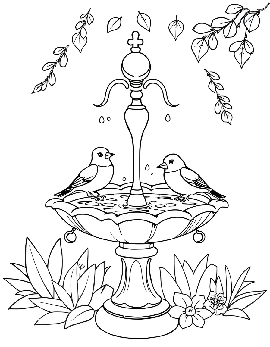 Summer birds bathing in an elaborate bird bath