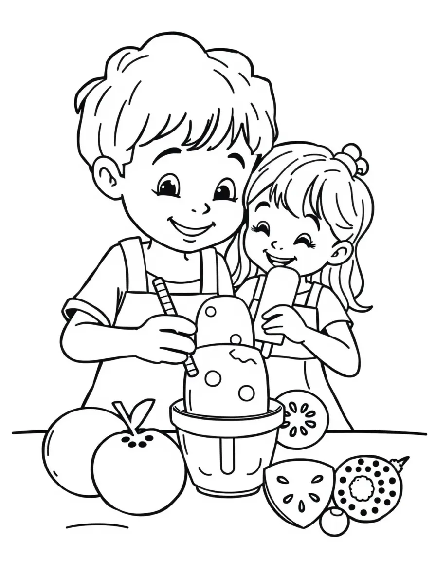Children making summer fruit popsicles