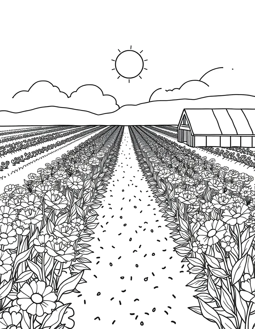 A detailed summer flower farm with rows of blooms