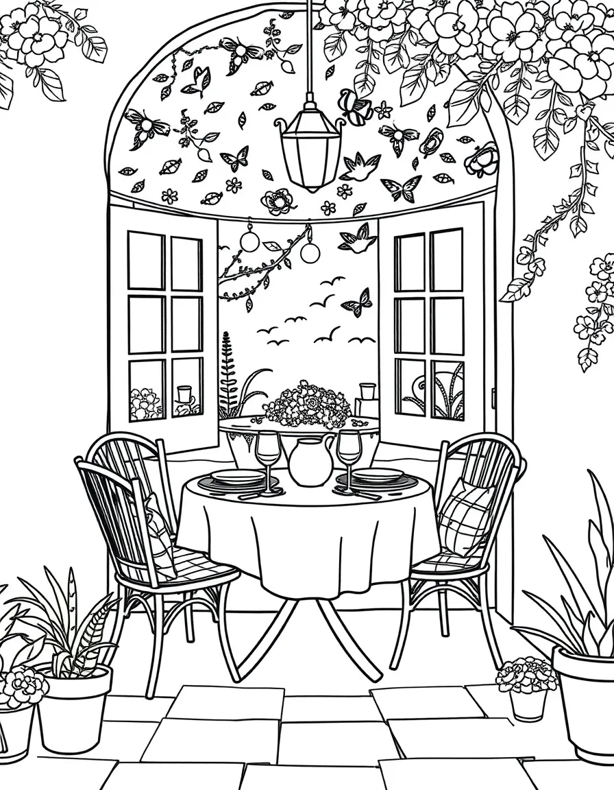A summer outdoor dining scene with table settings
