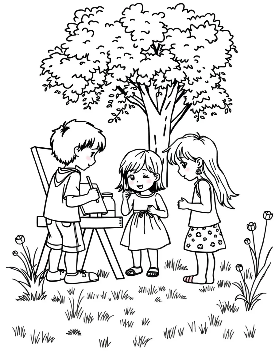Children at a summer outdoor painting class
