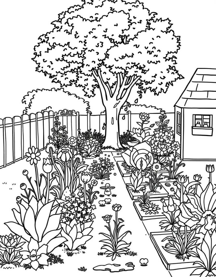 A detailed community summer garden with plots