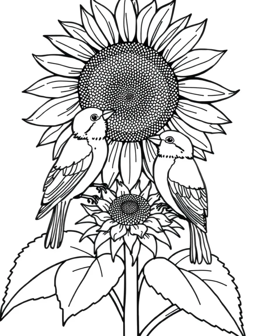 Summer birds feeding on sunflower seed heads
