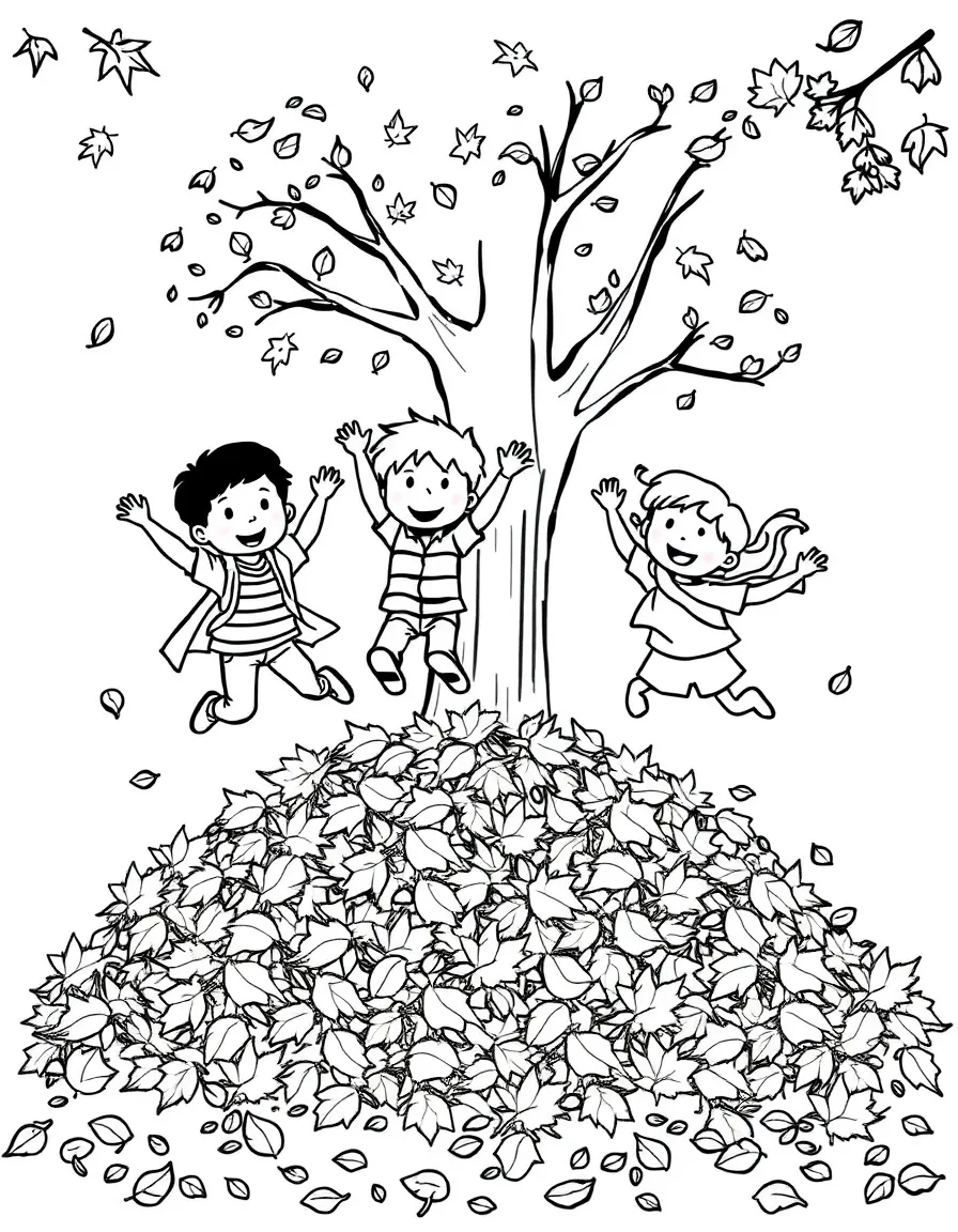 Children jumping in piles of raked leaves