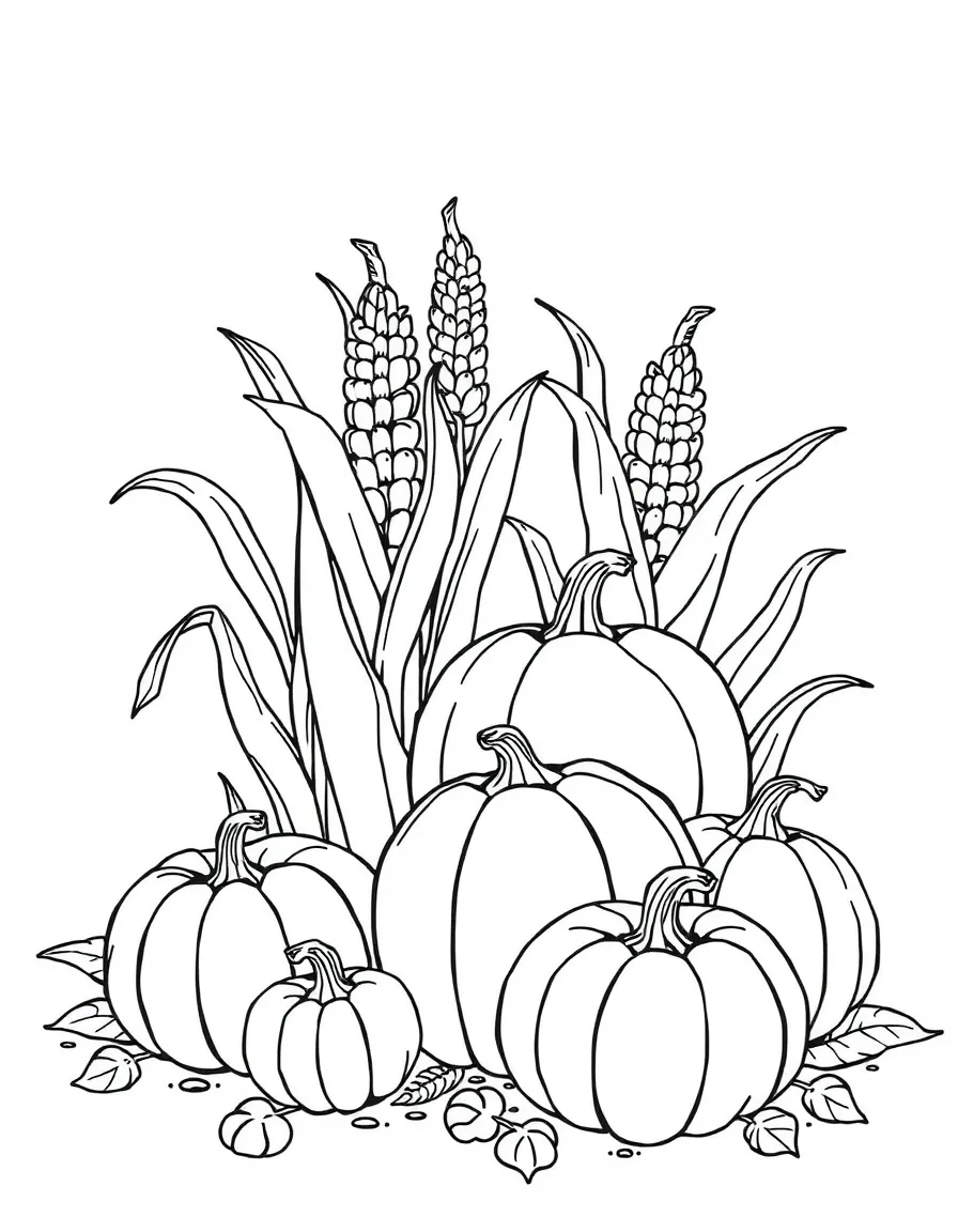 A harvest scene with pumpkins, gourds, and corn shocks