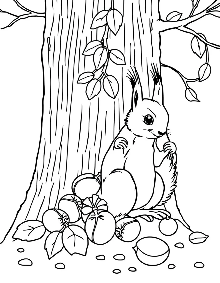 Squirrels gathering acorns and nuts for winter storage