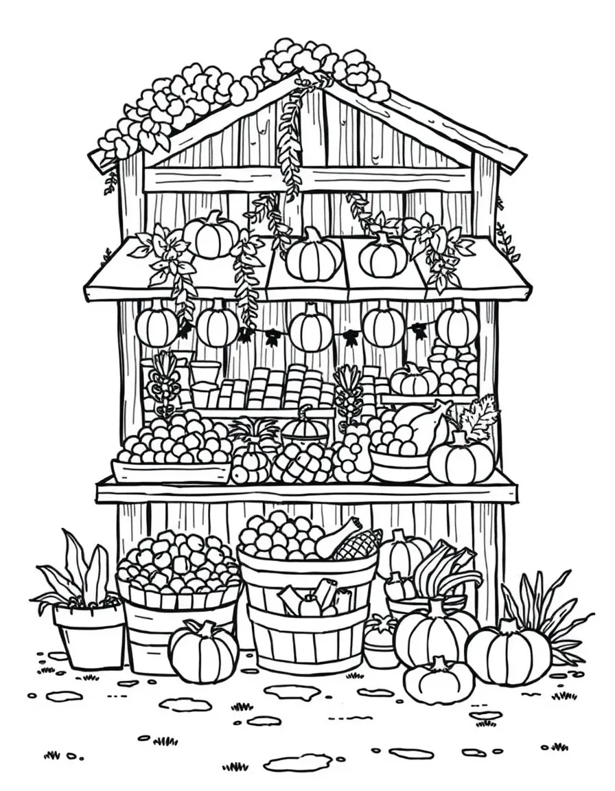 An autumn farm stand with seasonal produce displays