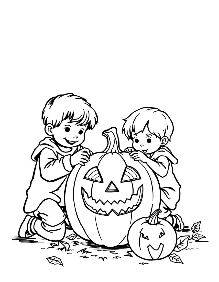 Children carving detailed jack-o'-lanterns
