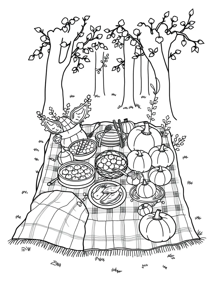 An autumn picnic with plaid blankets and harvest foods