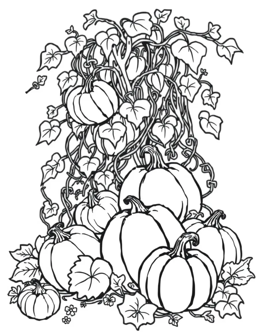 Detailed pumpkin patch with vines and different varieties