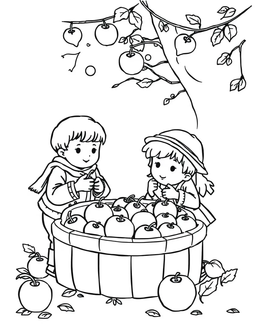 Children bobbing for apples at an autumn festival