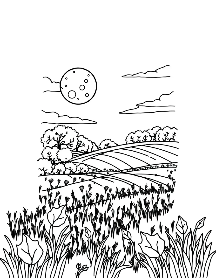 A harvest moon rising over autumn fields