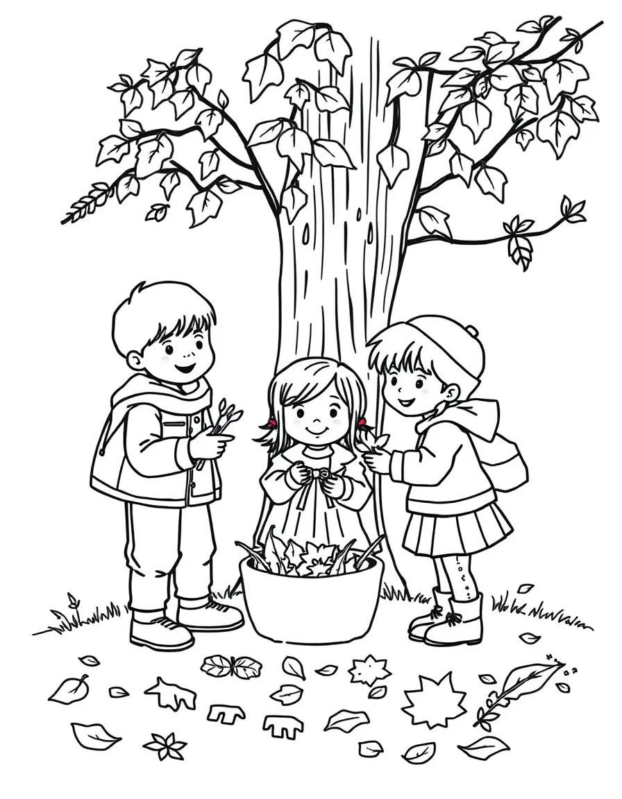 Children gathering autumn leaves for crafts
