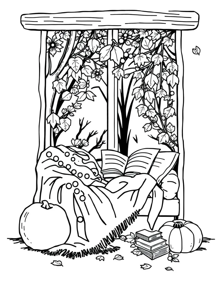 A cozy autumn reading nook with blankets and books