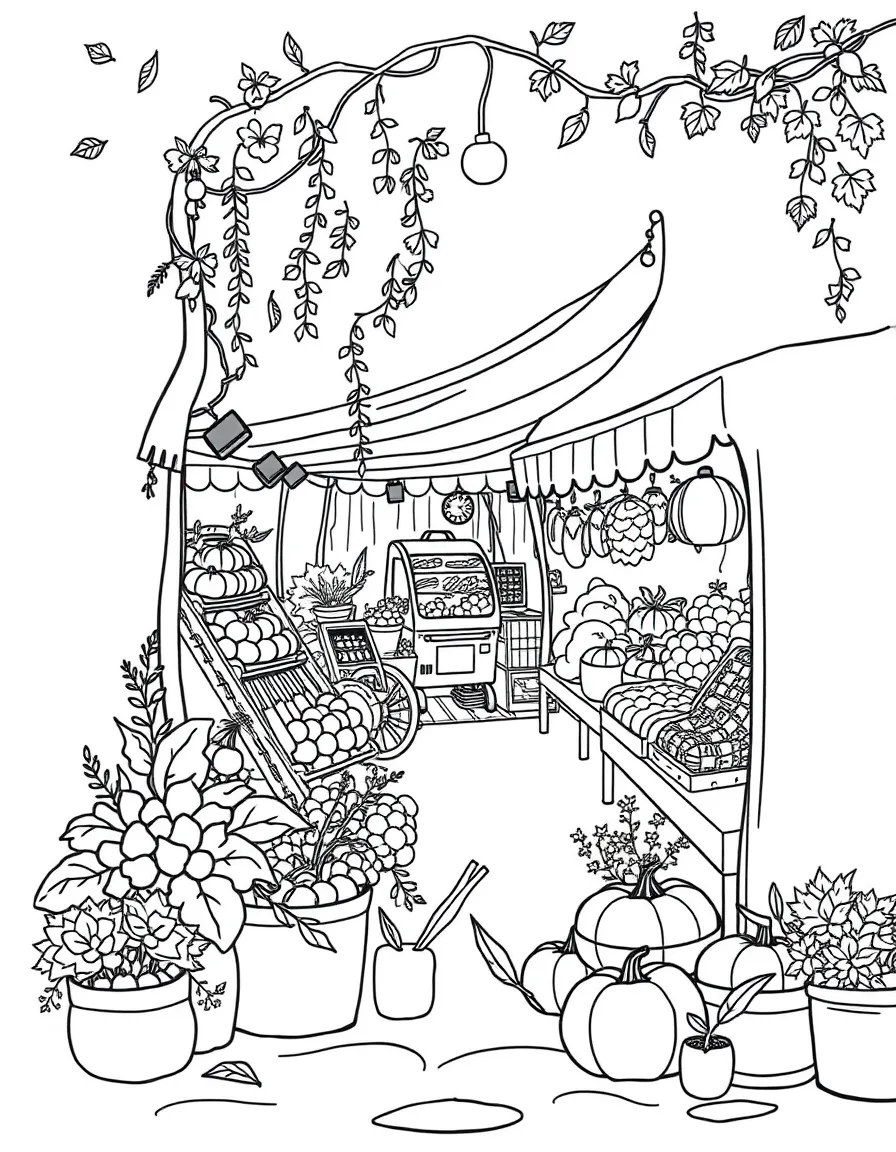 An autumn farmer's market with seasonal displays