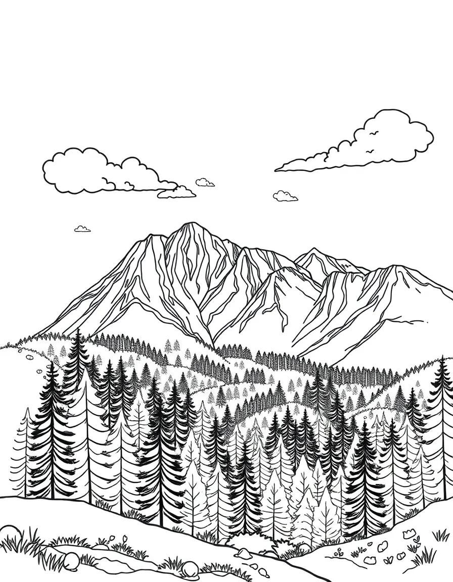 A detailed autumn landscape with mountains and forests