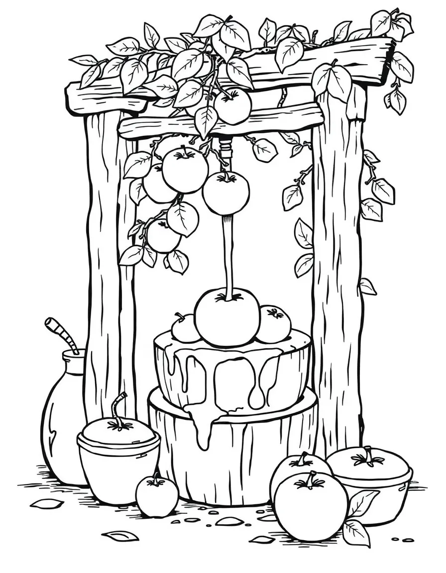 A detailed apple pressing scene with cider making