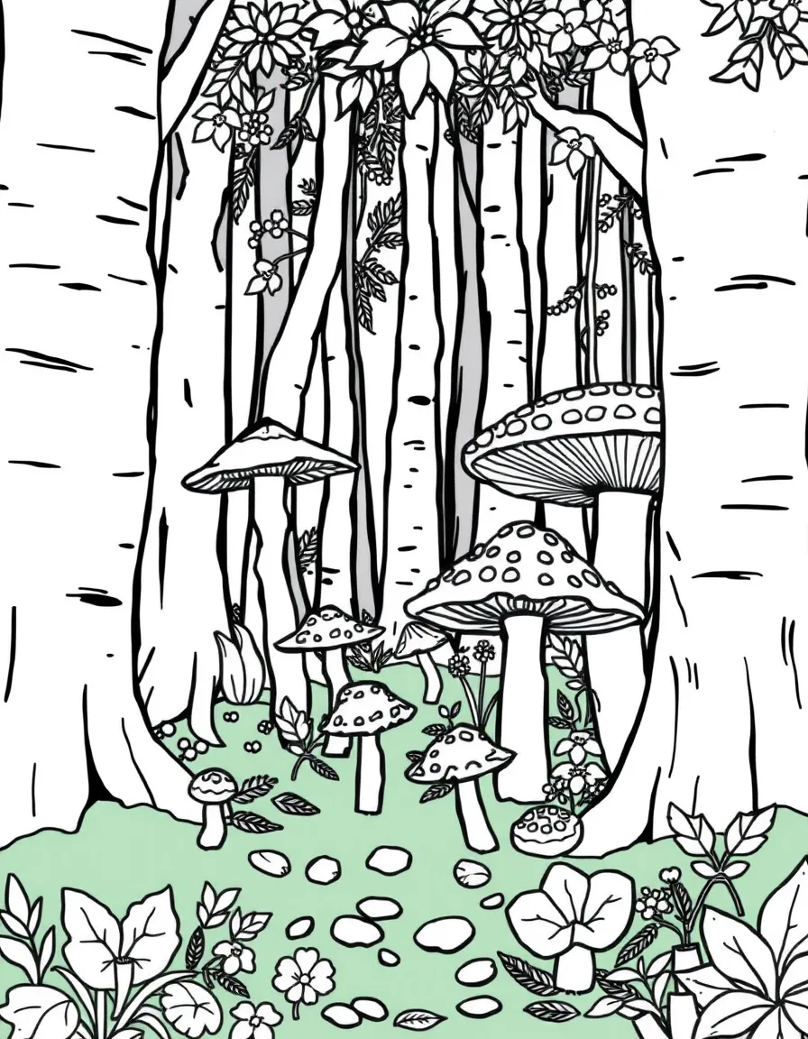 An autumn forest with various mushroom species