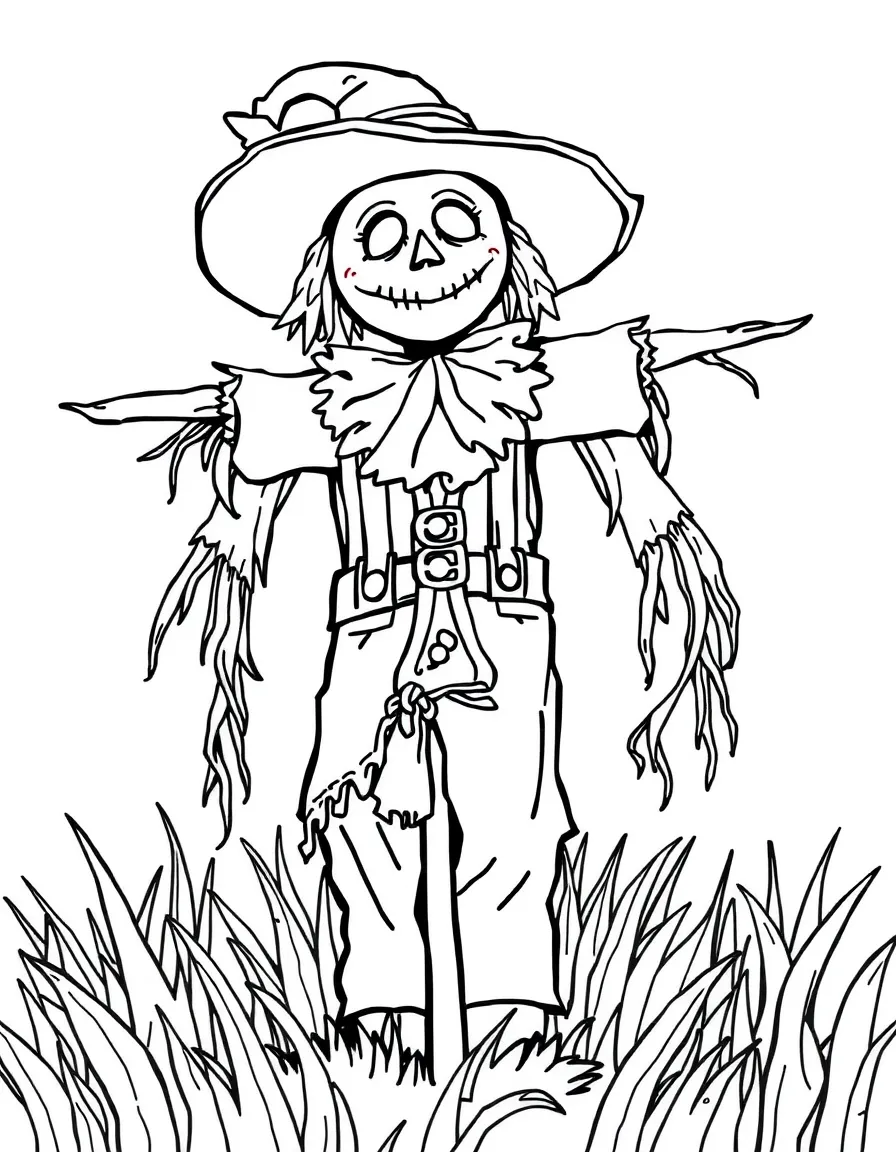 A scarecrow with elaborate clothing in a field