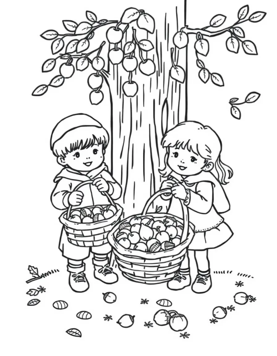 Children collecting conkers and acorns in baskets