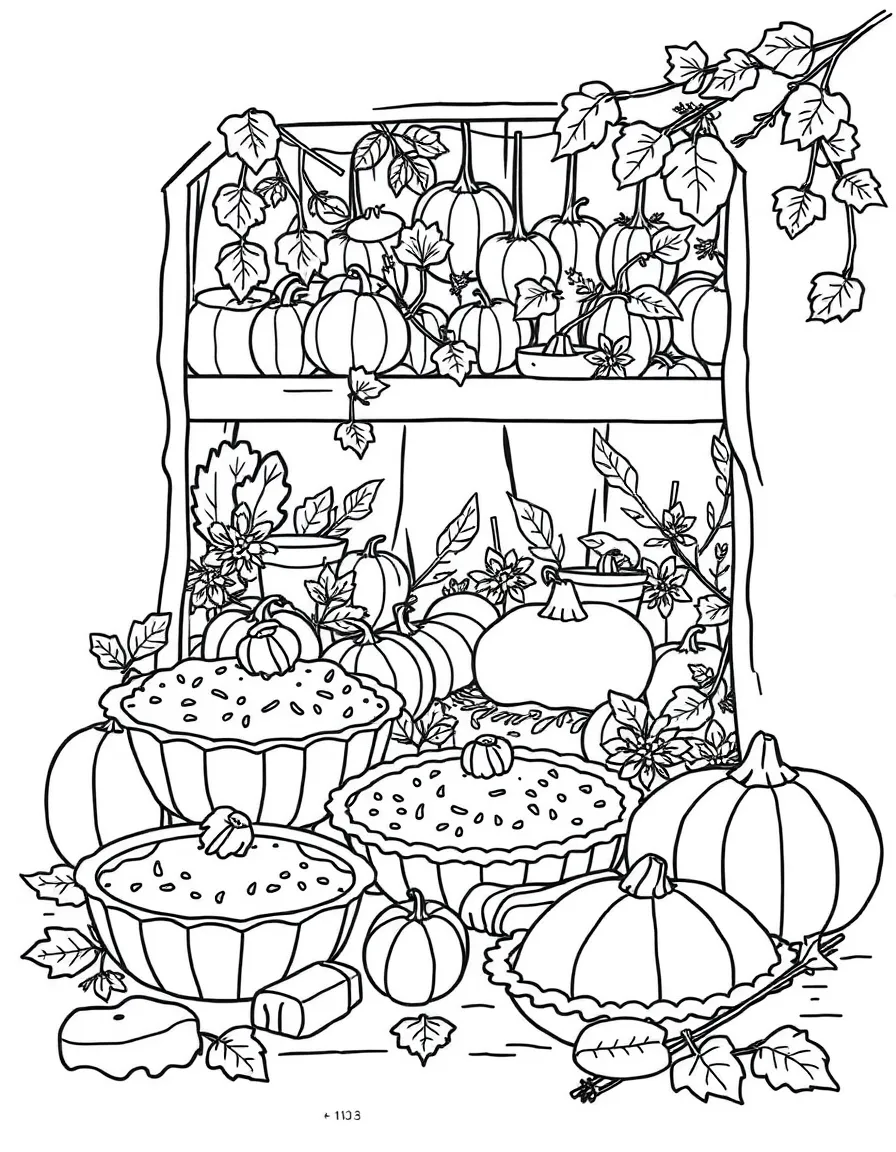 A detailed autumn baking scene with pies and treats
