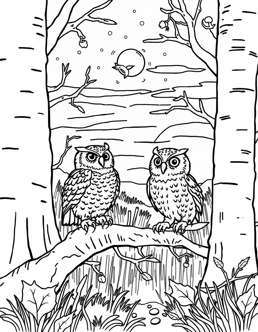 Owls hunting in an autumn evening landscape