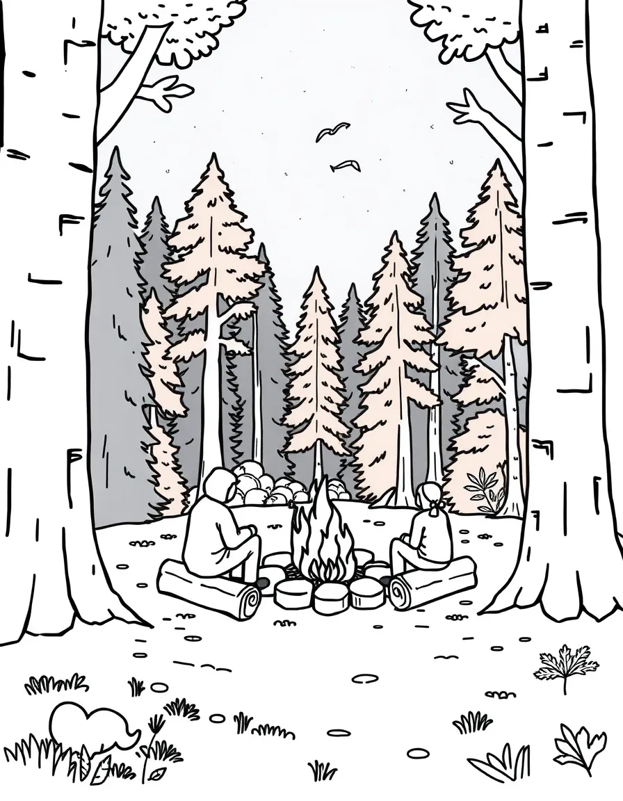 A campfire with people in an autumn forest