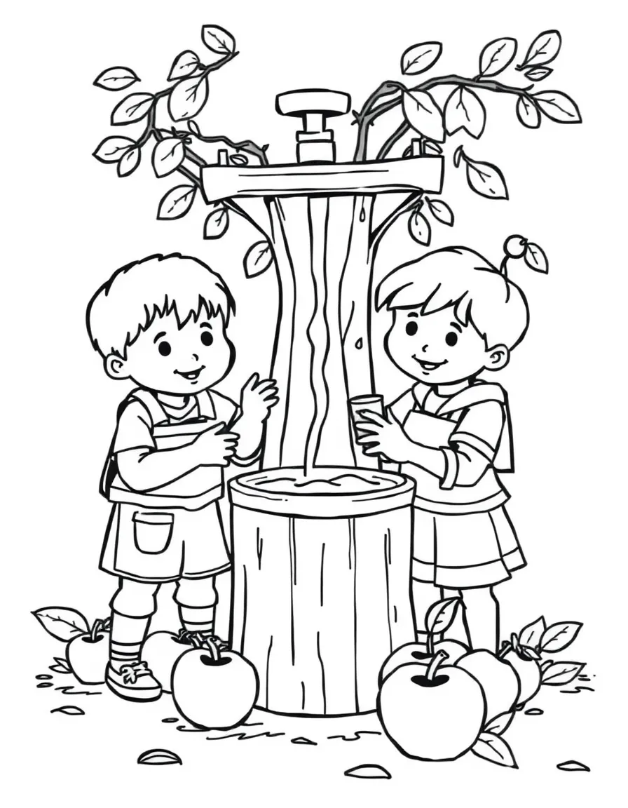 Children making apple cider with a press
