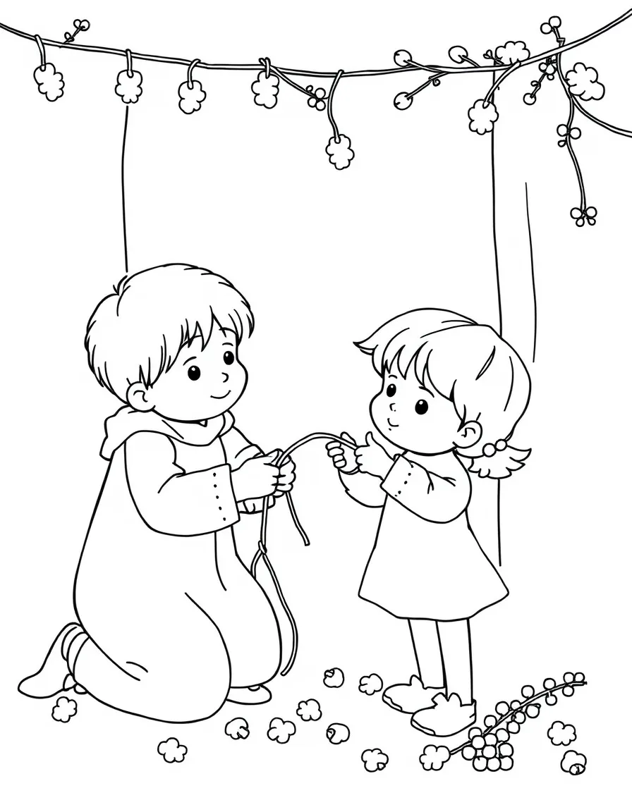 Children stringing popcorn and berries for garlands