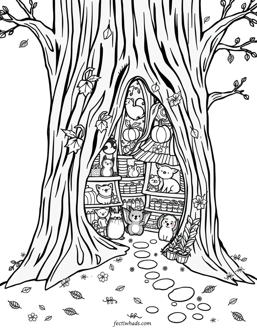 A tree hollow filled with autumn animal stores
