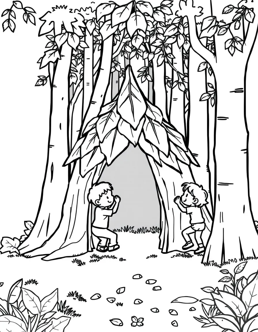 Children building a leaf fort in the woods