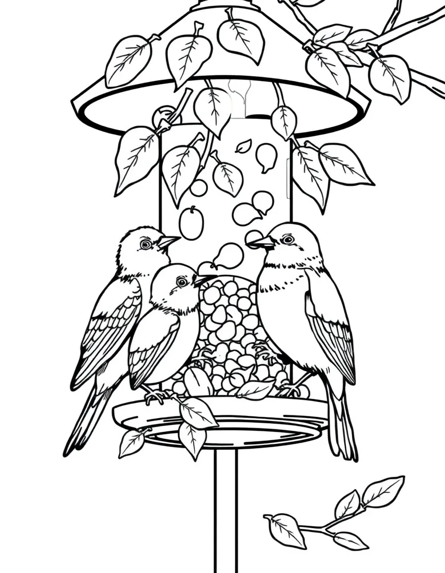 Autumn birds feeding at a detailed bird feeder