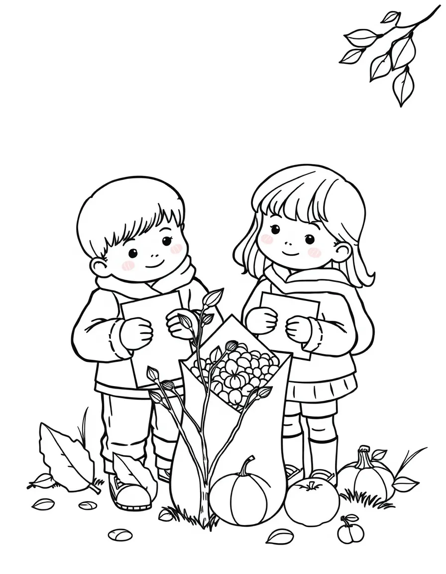 Children collecting autumn seeds in envelopes