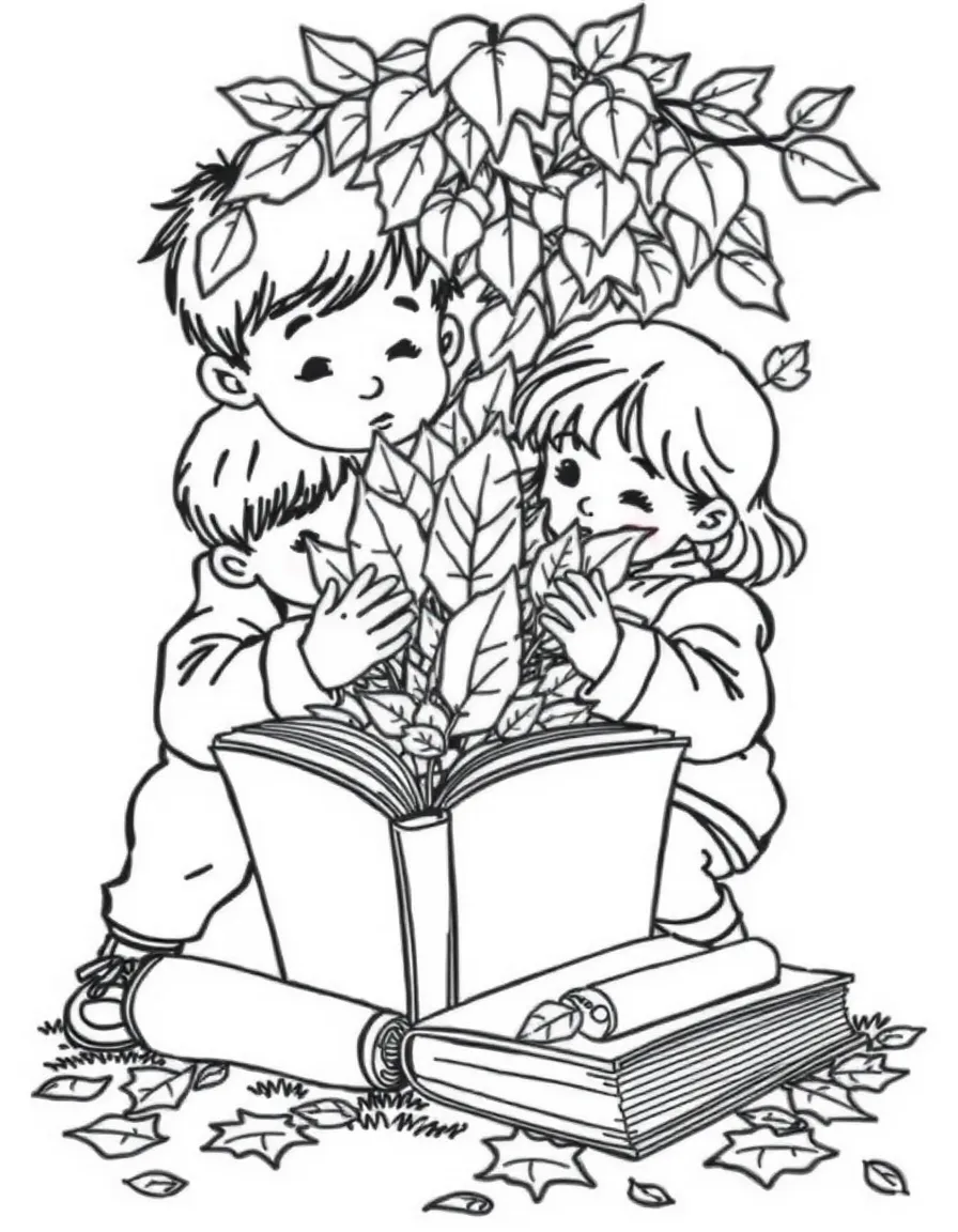 Children pressing autumn leaves in heavy books