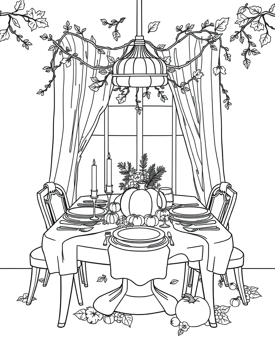 A detailed autumn dinner table with decorations