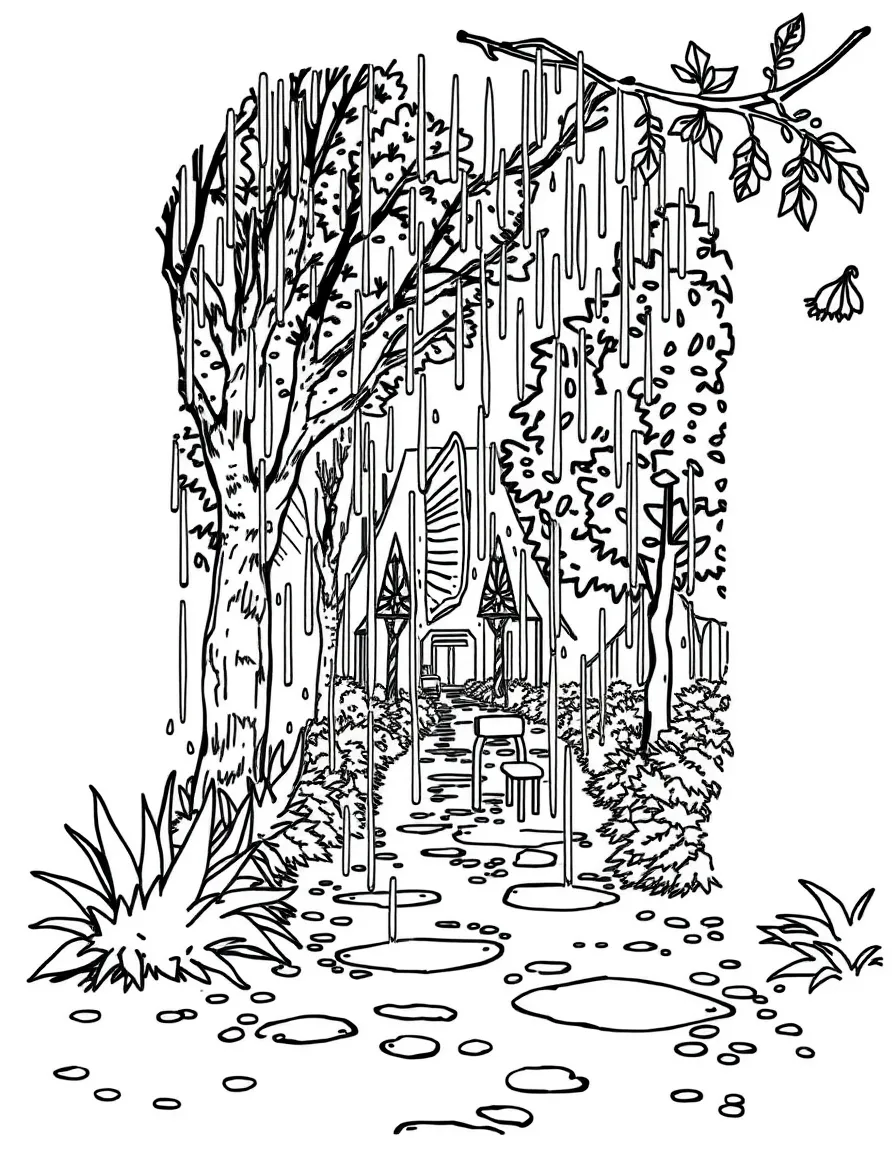 A detailed autumn rain scene with puddles