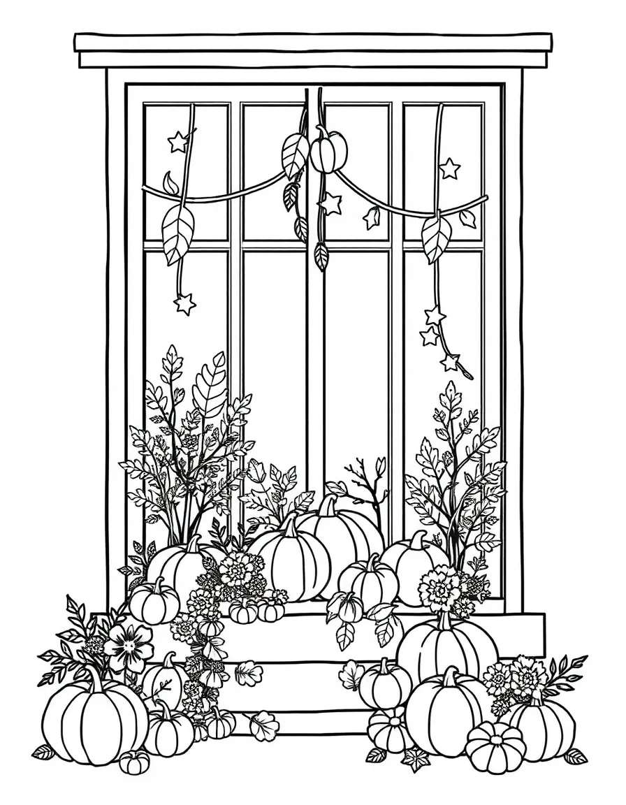 A detailed autumn window display with decorations